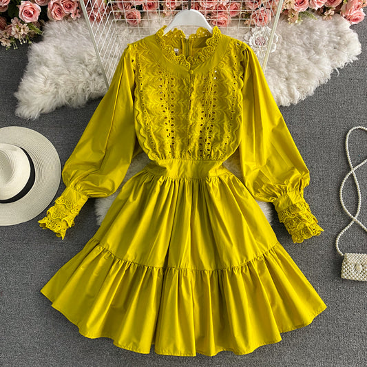 Vintage Lace Lace Up Pilzrand Laternenärmelkleid 3180