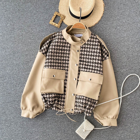 Freizeitmantel Damen Leder genähtes Tausendvogelgitter 1533