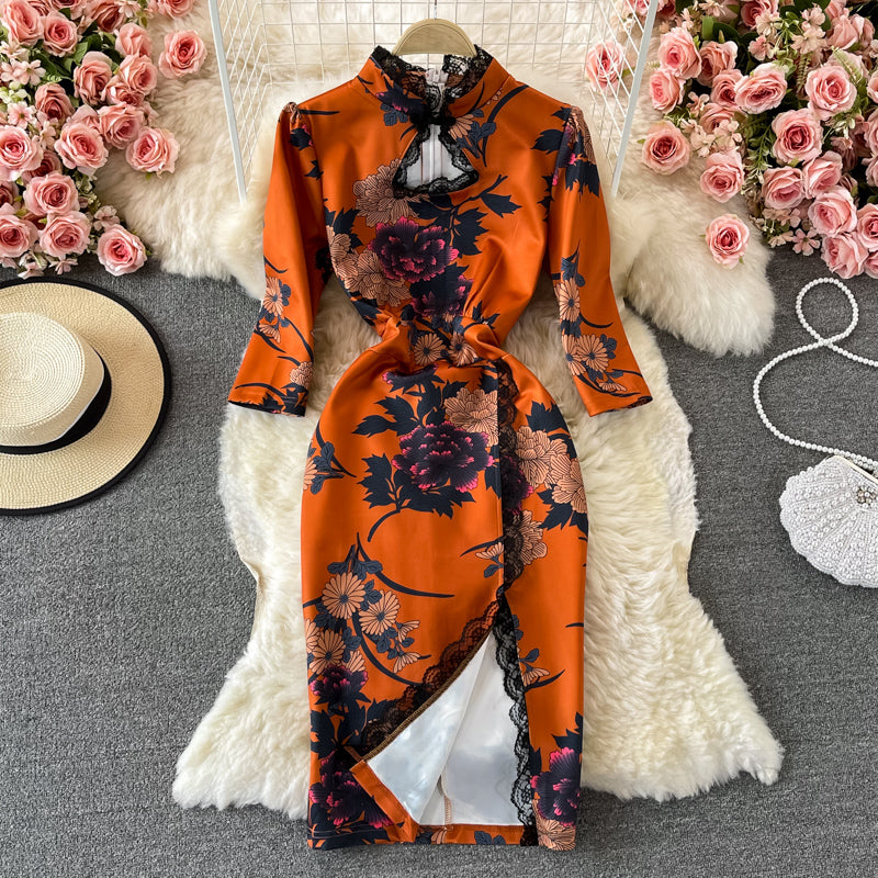 Split cheongsam lace stitched stand collar dress  3244