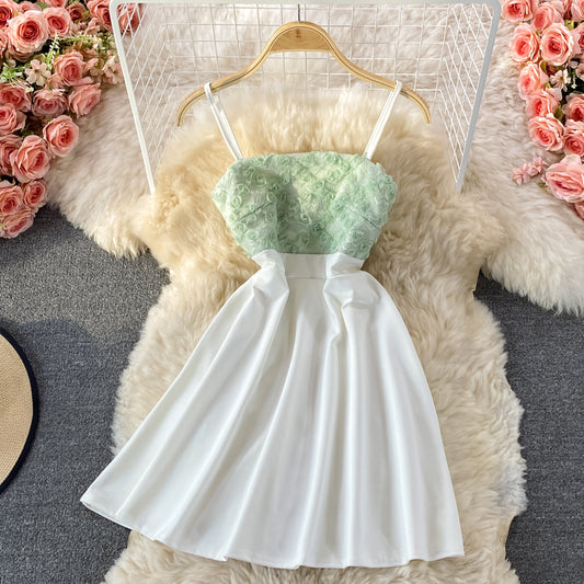 Stand collar petal splicing high waist suspender strapless dress  3215