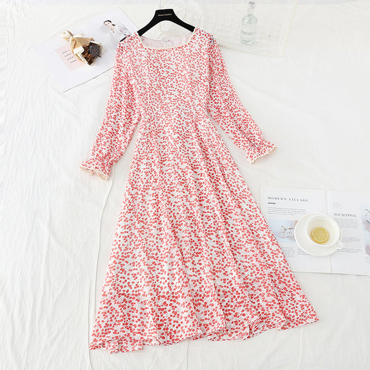 Small fresh long sleeve square neck thin Floral Chiffon Dress  2419