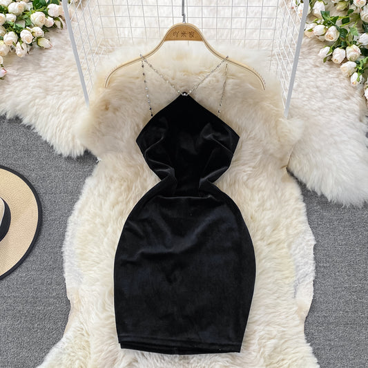 Jupe bustier sexy dos nu moulante en velours doré 3121