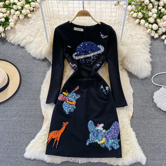 Schwere Industriestickerei Pailletten Slim Temperament Rundhalskleid 3271