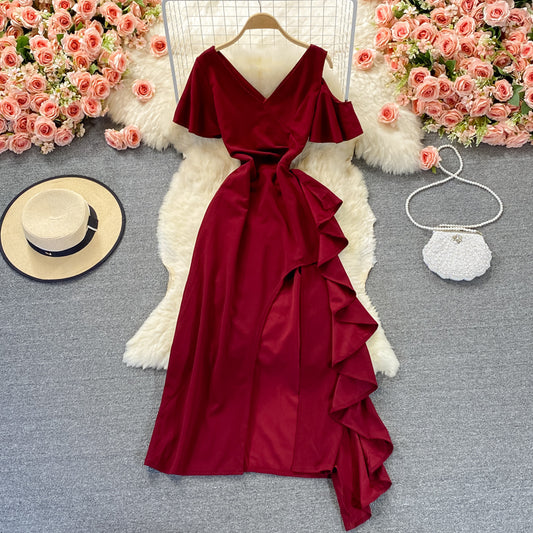 V-neck dress high-end atmospheric split skirt  2999