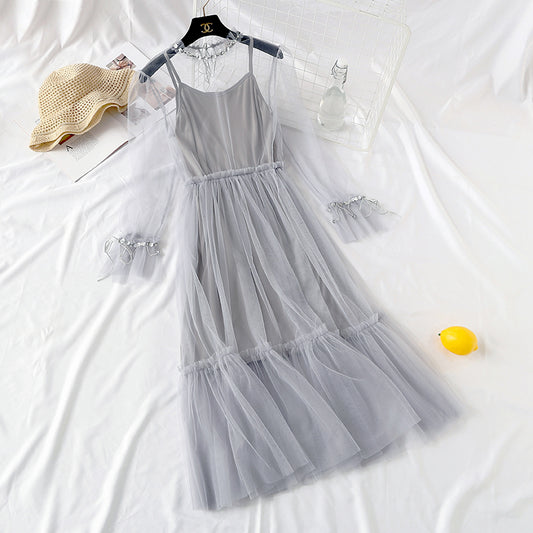 Mesh dress French elegant Sequin beaded lace up bottom skirt  2456