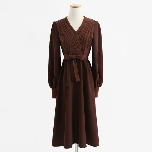 Knitted dress temperament high sense lace up wool dress inner match  2325