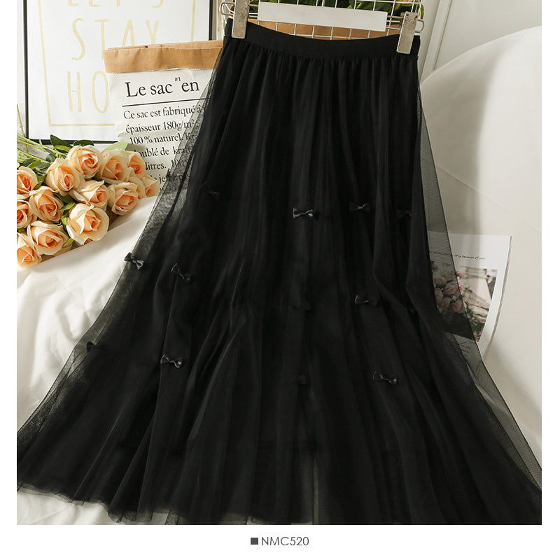 Bow Decorative High Waist medium length yarn skirt for women  2495