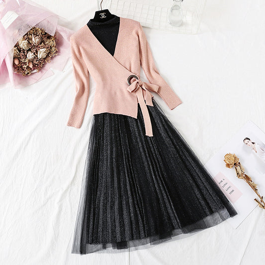 New long sleeve top pleated yarn skirt  2356