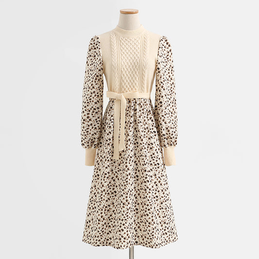 Knit dress slim stitched Vintage corduroy Floral Dress  2340