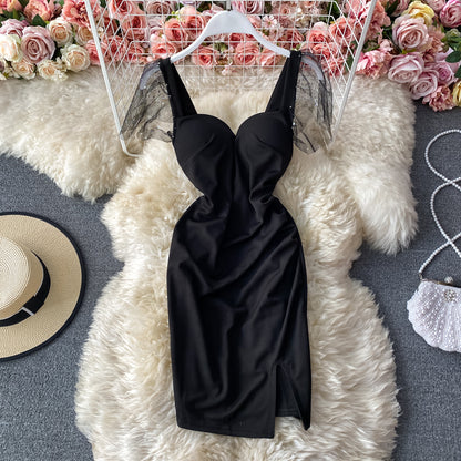 Sexy backless pleated slim wrap hip skirt fashion split dress  3284