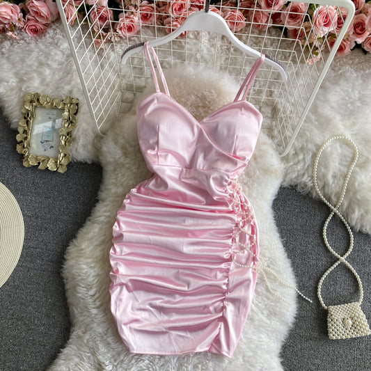 Jupe à bretelles sexy dos nu Robe moulante plissée en satin 2817