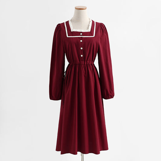 French retro long sleeved dress, college style, slim waist, red bottomed skirt  2269