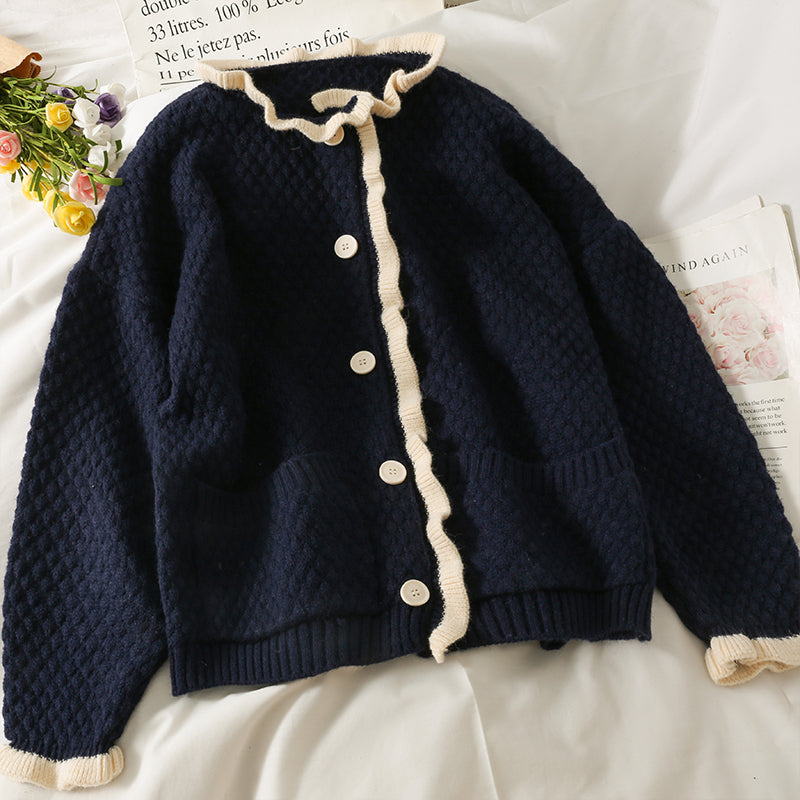 Hong Kong style retro color matching agaric edge single breasted cardigan sweater  1707