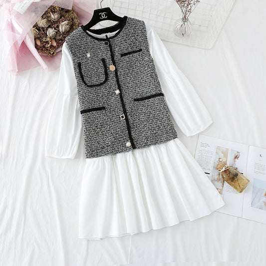 Two piece suit foreign style small fragrance vest LINED SKIRT loose A-line skirt  2357