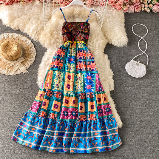 Printed ethnic embroidery suspender dress  3185
