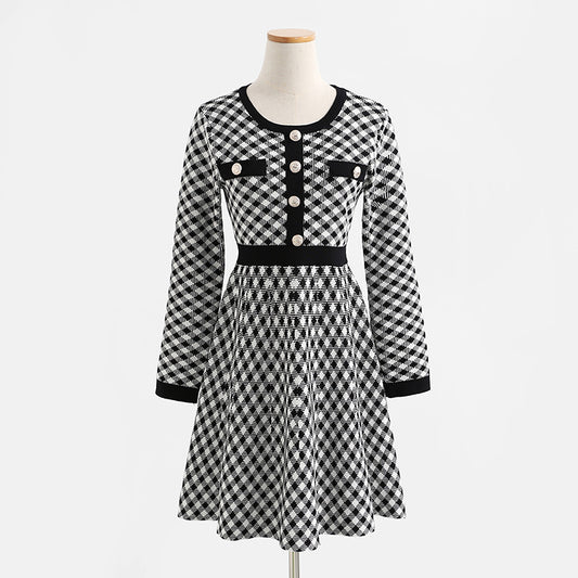 Small fragrance dress long sleeve slim thousand bird check skirt  2425