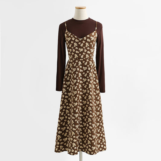 Jupe fleurie en velours côtelé, robe à bretelles, costume deux pièces pour femme 2177