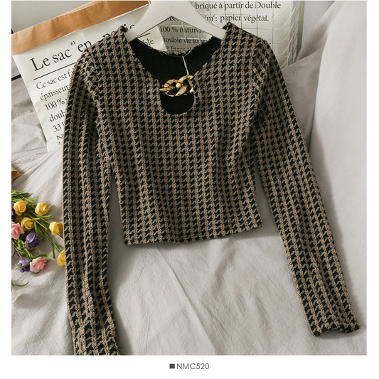 Französische Minderheit tausend Vogelgitter kurze schmale und dünne Bluse für Frauen 2054