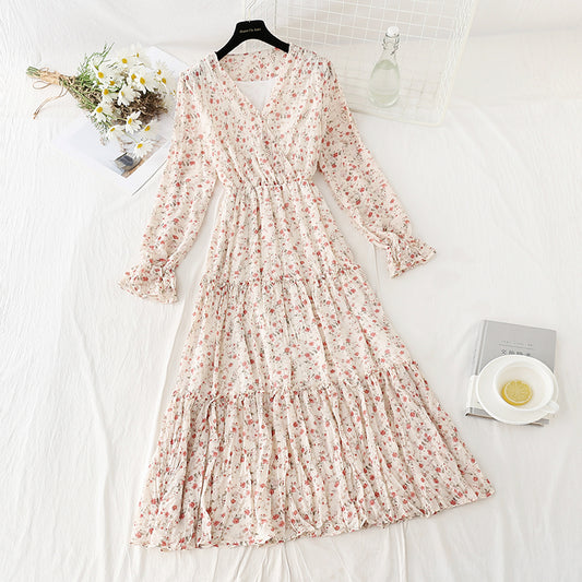 Jupe plissée en mousseline de soie à col en V de style rétro pour minorités 2417