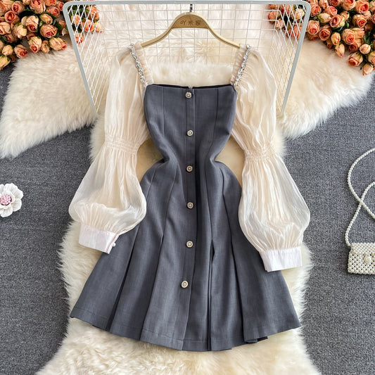 Robe trapèze à taille étroite, boutonnage simple, manches bouffantes, col carré, 3117