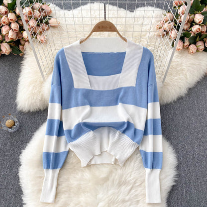 Hong Kong style retro stripe long sleeve sweater Pullover Sweater  1627