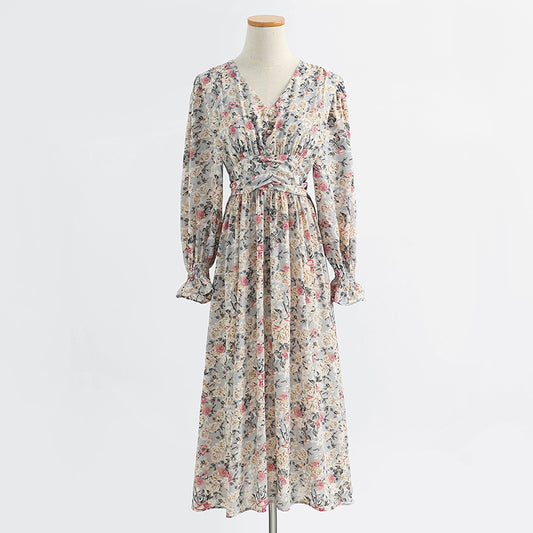 Long sleeve floral dress long fairy French Vintage Chiffon  2430