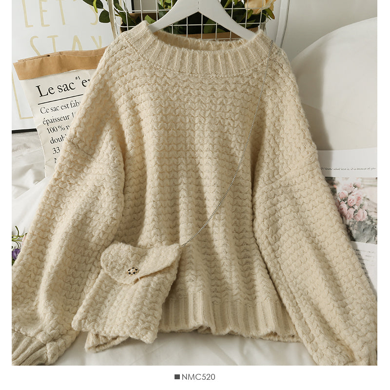 Sweater women's Pullover Top Long Sleeve versatile wear outside knitting with bag  1889