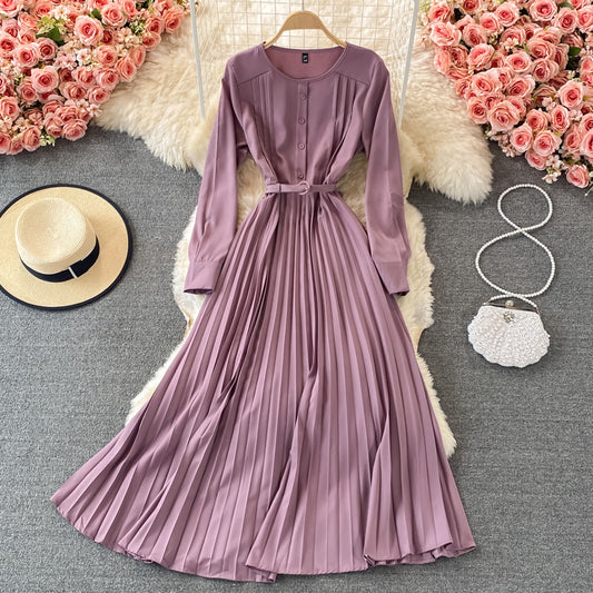 French celebrity temperament round neck Pleated Dress  3341