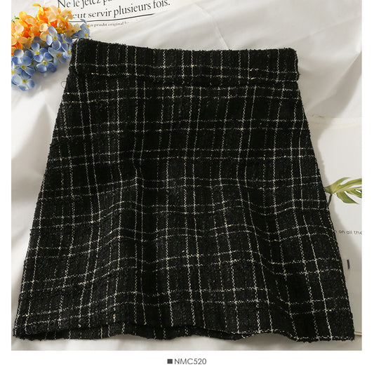 Hong Kong Style Vintage tweed Plaid high waist slim A-shaped wrap hip skirt  2622