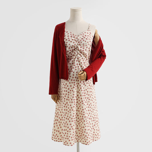 Robe en velours côtelé jupe à bretelles florale style étranger jupe longue tempérament deux pièces 2151