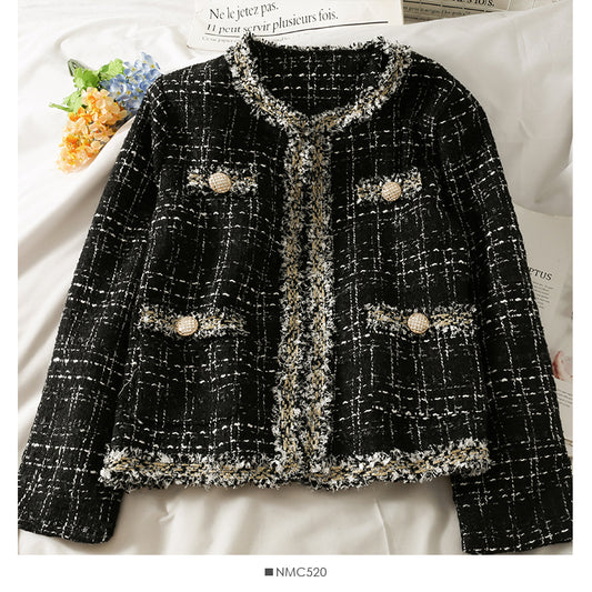 Tweed Plaid loose top women's autumn round neck long sleeve bright silk wool coat  2090