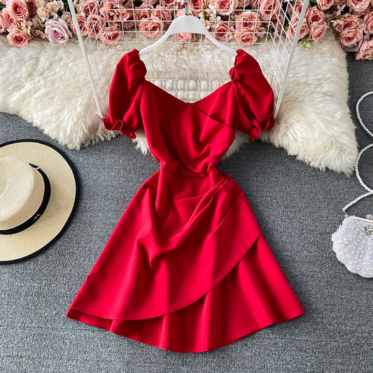 Jupe dos nu à manches bouffantes et fermeture à la taille rétro française 2958