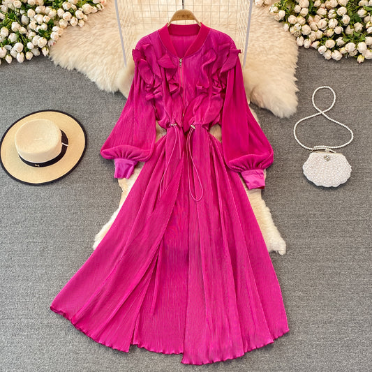Bubble sleeve waist closing thin Ruffle Pleated Dress  3386