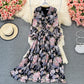 Long sleeve Vintage V-neck Floral Chiffon Dress  3322