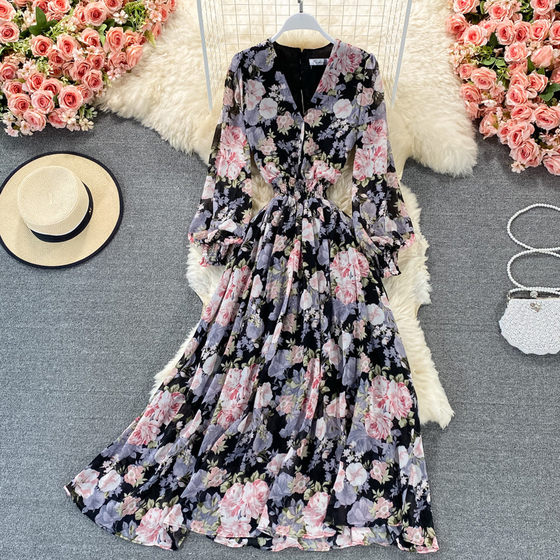 Long sleeve Vintage V-neck Floral Chiffon Dress  3322