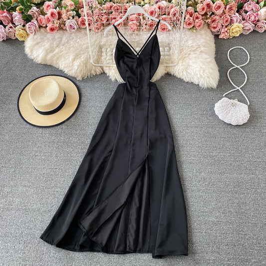 Open back sleeveless waist slim dress slim elegant suspender dress  3307