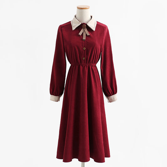 Long sleeved dress, academic style, thin temperament, knee length skirt, French long skirt, female  2159