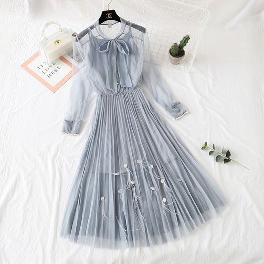 Dress feather nail bead long sleeve suspender bottomed skirt French girl long skirt  2286