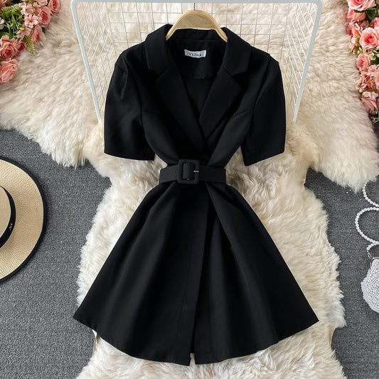 Slim waist, solid color short sleeve suit dress  3197
