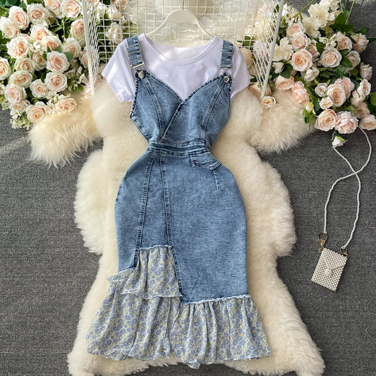 Irregular ruffled fishtail strap skirt denim dress two piece set  3064