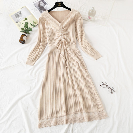 New knitted dress long sleeve lace up pleated Lace Panel bottomed skirt  2454