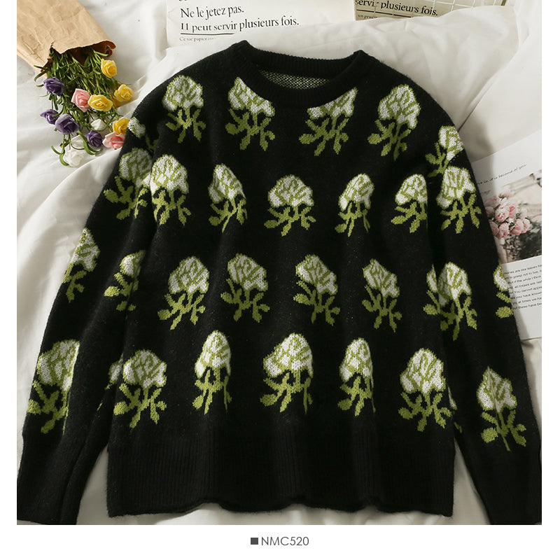 Hong Kong Style Vintage printed loose slim Pullover Sweater  1958