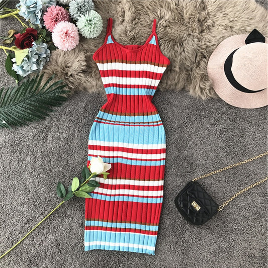 Hip Wrap color stripe suspender knit dress  3278