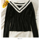 Korean striped off shoulder low collar collarbone exposed long sleeve T-shirt  1976