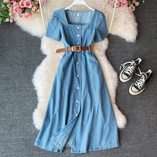 Light cooked wind square neck waist closing bubble sleeve denim dress  3193