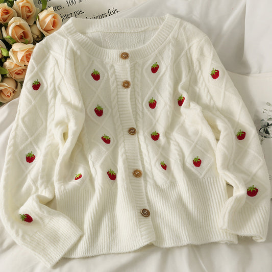 Sweet wind strawberry embroidered cardigan sweater female  1719