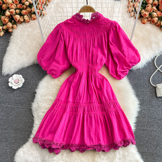 French court lantern sleeve design lace stitching stand collar dress  3377