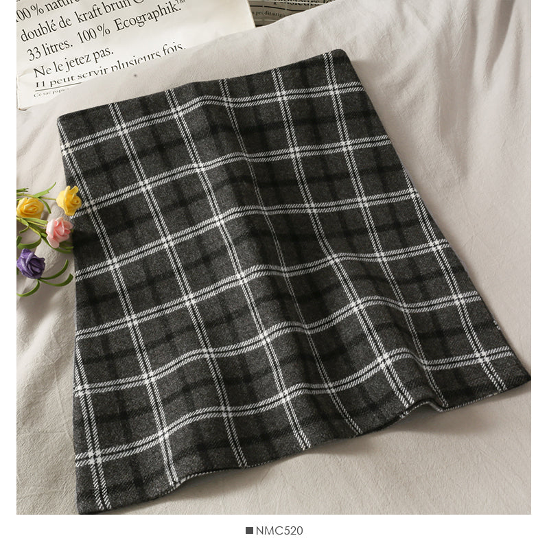 Vintage Plaid high waist thin A-line short skirt for women  2523