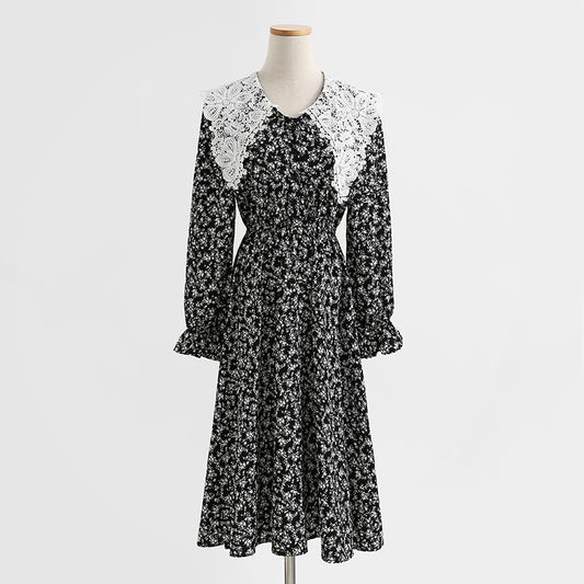 Nouvelle robe fleurie coréenne à manches longues et col de poupée 2439