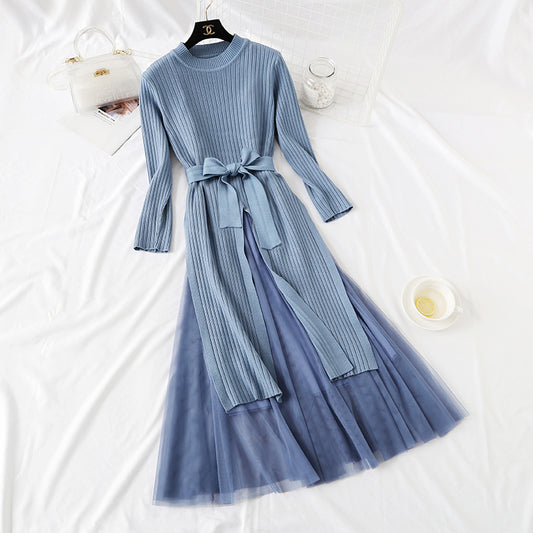 Ensemble deux pièces de robe d'hiver rouge en filet avec jupe inférieure en maille 2347